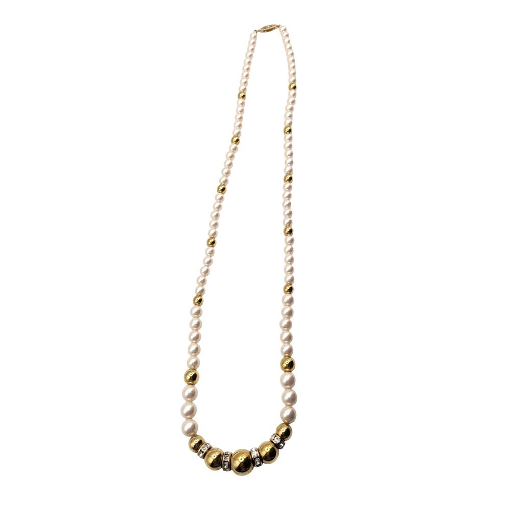 Vintage Faux Pearl Gold Tone Rhinestone Beaded Necklace 24in